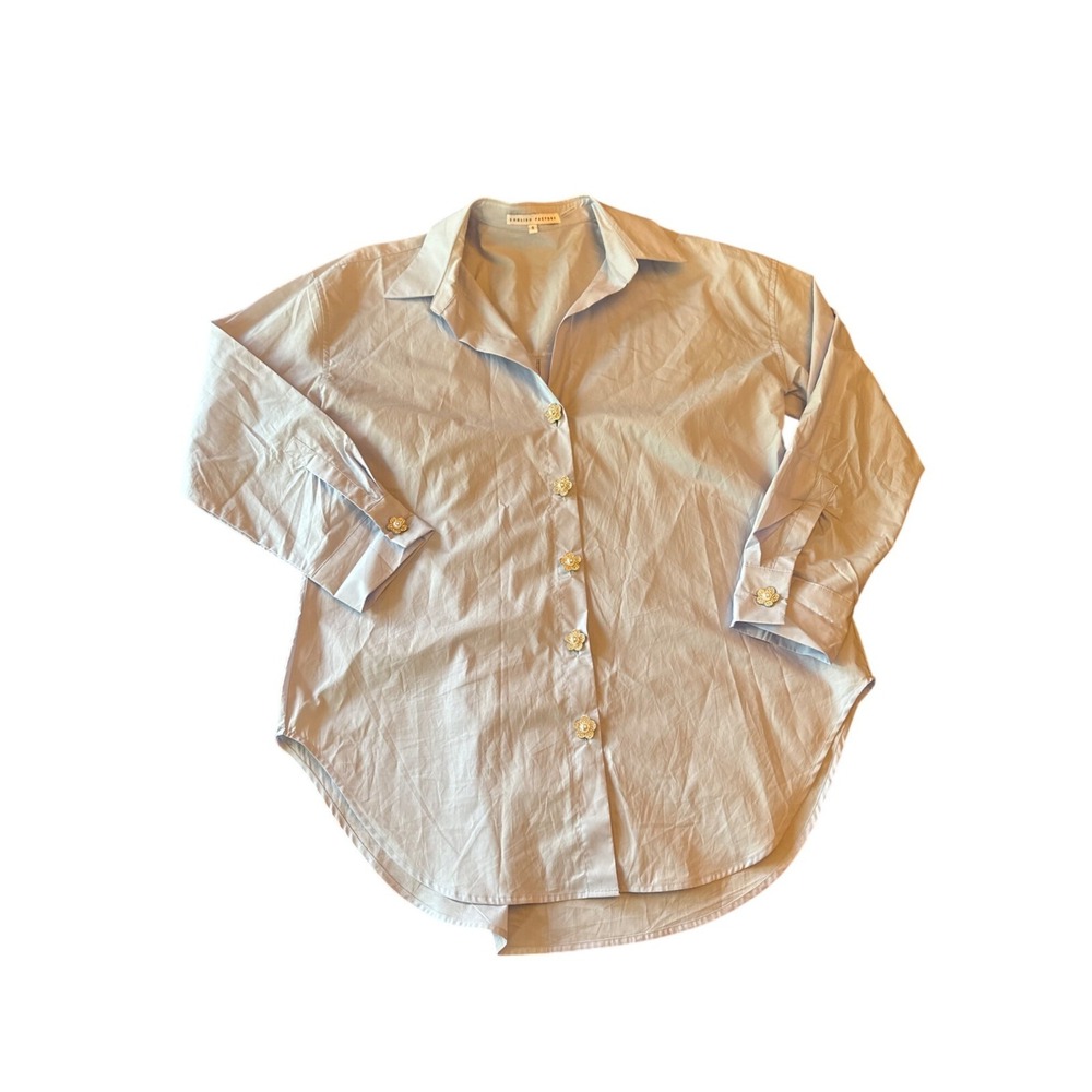 English Factory Blue Button Up Shirt Pearl-Accented Floral Buttons Long Sleeve